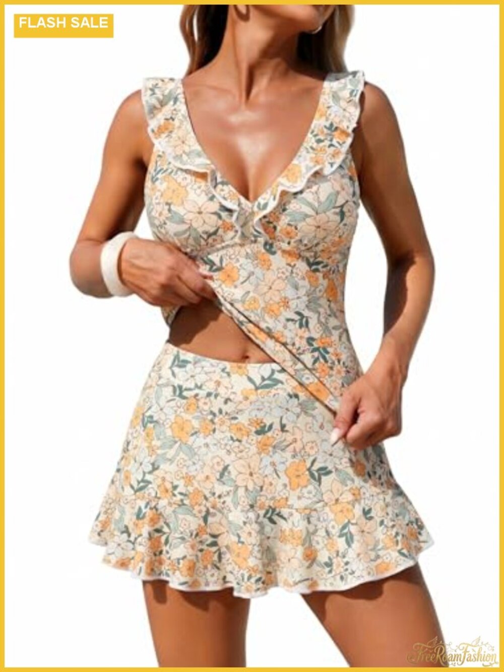 Women Tankini Swimsuit 2 Piece V-Neck Floral Bathing Suit with Skirt Adjustable